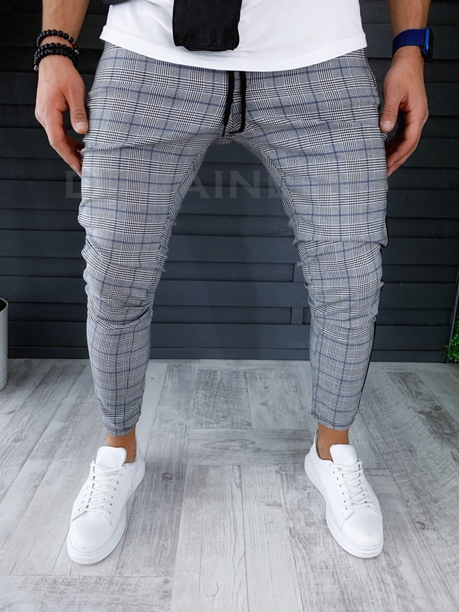 Pantaloni barbati albastri in carouri smart casual ZR A18032 J4-1